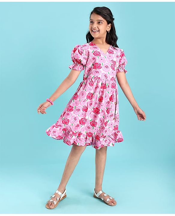 Pine Kids Woven Half Puffed Sleeves Frock with Floral Print - Pink