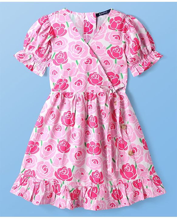 Pine Kids Woven Half Puffed Sleeves Frock with Floral Print - Pink