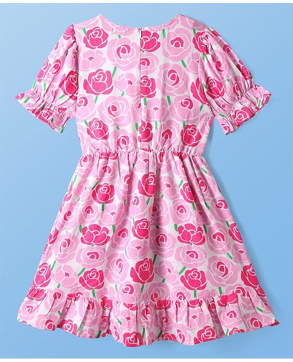 Pine Kids Woven Half Puffed Sleeves Frock with Floral Print - Pink