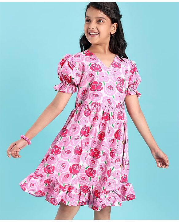 Pine Kids Woven Half Puffed Sleeves Frock with Floral Print - Pink