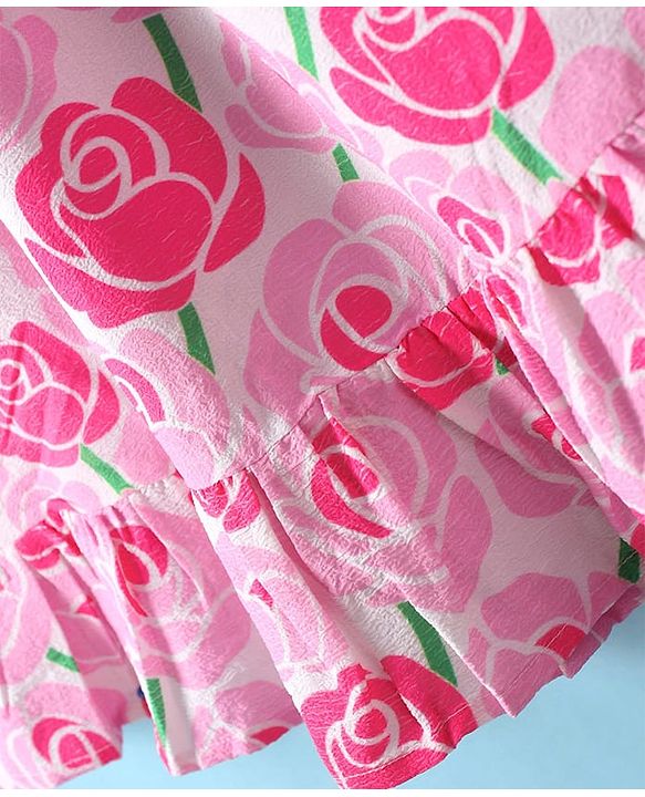 Pine Kids Woven Half Puffed Sleeves Frock with Floral Print - Pink
