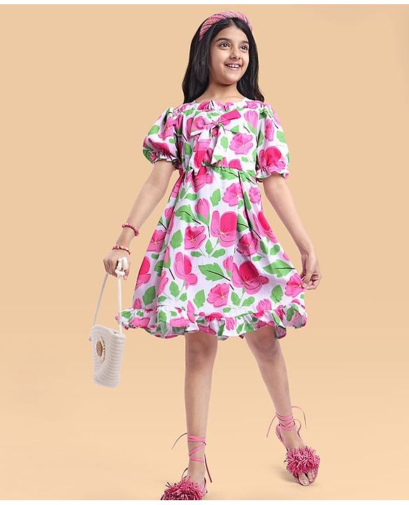 Pine Kids Woven Half Puffed Sleeves Frock with Bow Applique & Floral Print - Pink