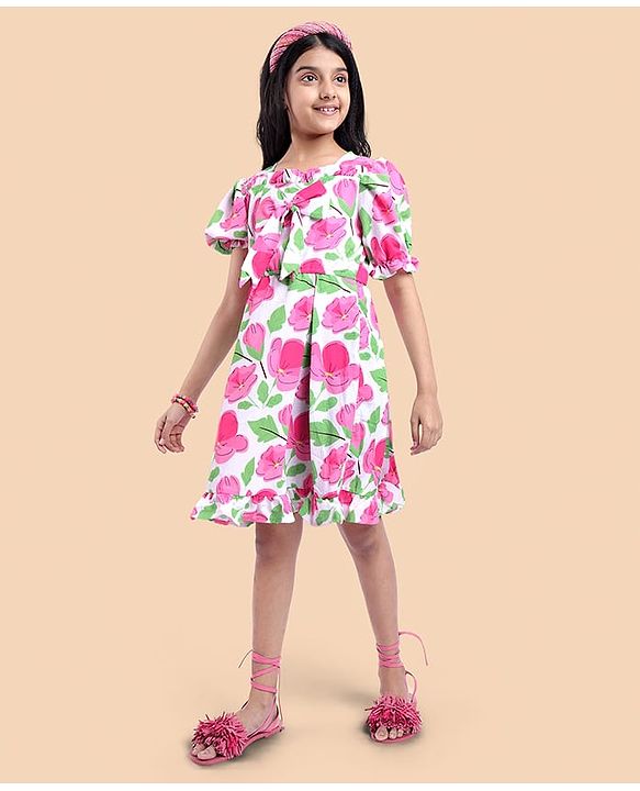 Pine Kids Woven Half Puffed Sleeves Frock with Bow Applique & Floral Print - Pink