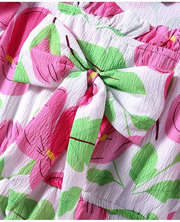 Pine Kids Woven Half Puffed Sleeves Frock with Bow Applique & Floral Print - Pink