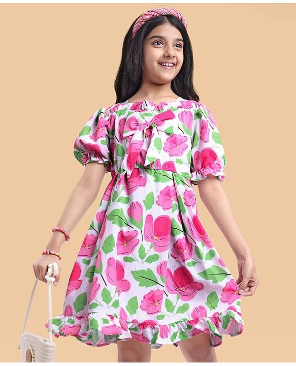 Pine Kids Woven Half Puffed Sleeves Frock with Bow Applique & Floral Print - Pink