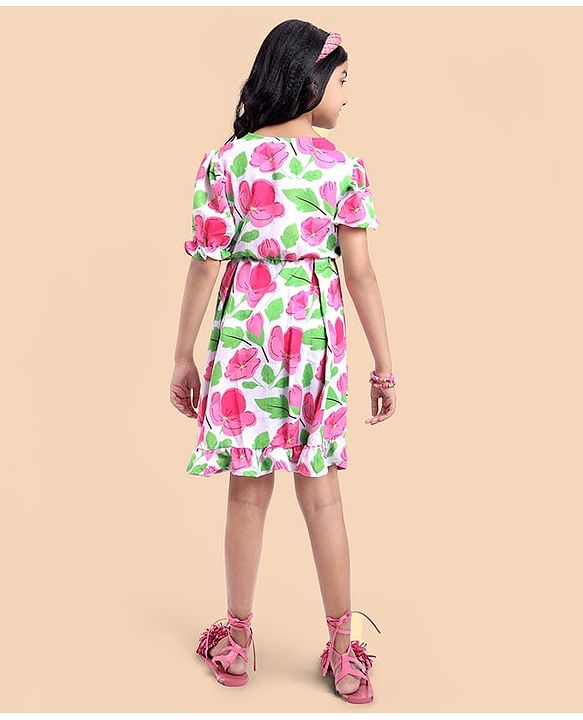 Pine Kids Woven Half Puffed Sleeves Frock with Bow Applique & Floral Print - Pink