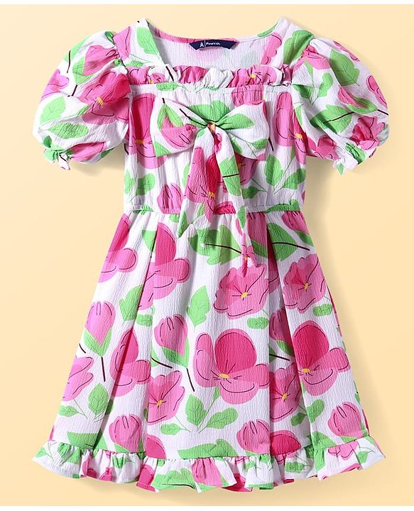 Pine Kids Woven Half Puffed Sleeves Frock with Bow Applique & Floral Print - Pink