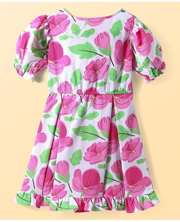 Pine Kids Woven Half Puffed Sleeves Frock with Bow Applique & Floral Print - Pink