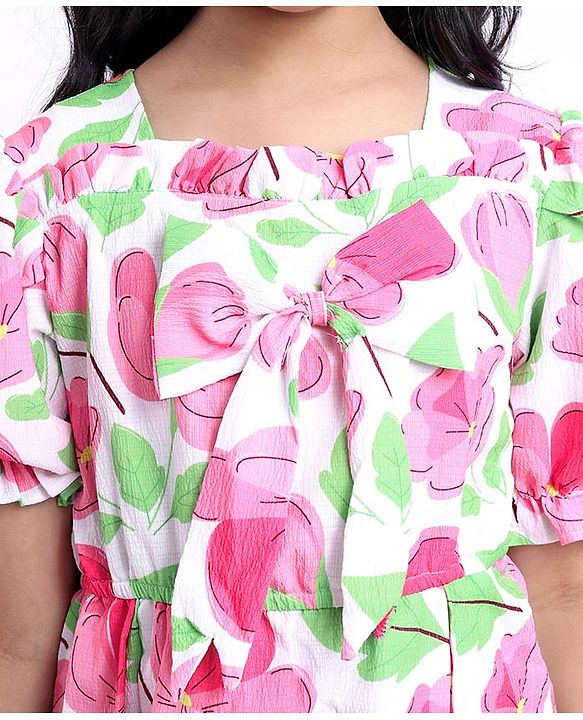 Pine Kids Woven Half Puffed Sleeves Frock with Bow Applique & Floral Print - Pink