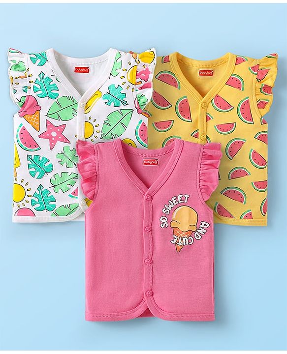 Babyhug 100% Interlock Knit Front Open Frill Sleeves Vests With Tropical Theme Pack Of 3 - Pink White & Yellow
