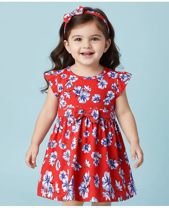 Babyhug Cotton Knit Frill Sleeves Frock & Hair Band with Floral Print & Bow Applique - Red