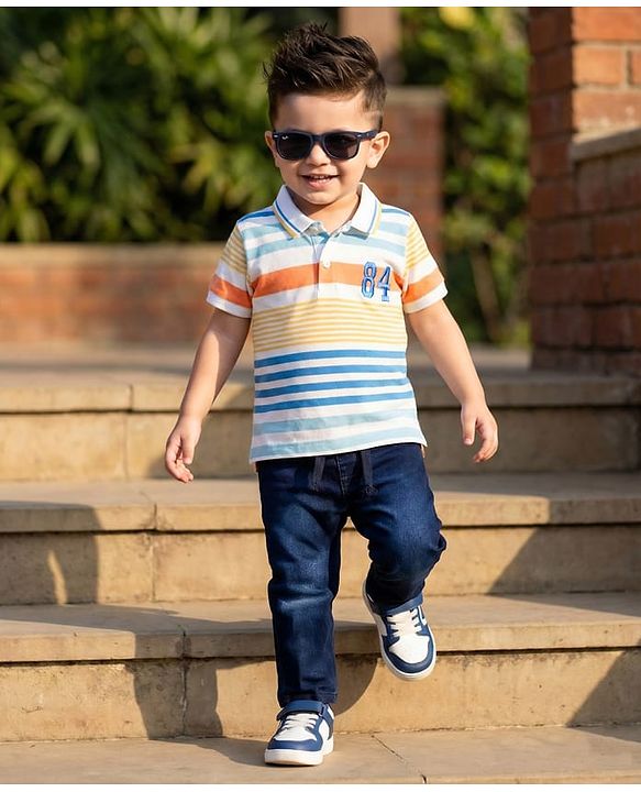 Babyhug Single Jersey Knit Half Sleeves Striped Polo T-Shirt & Denim Jeans Set - Multicolor