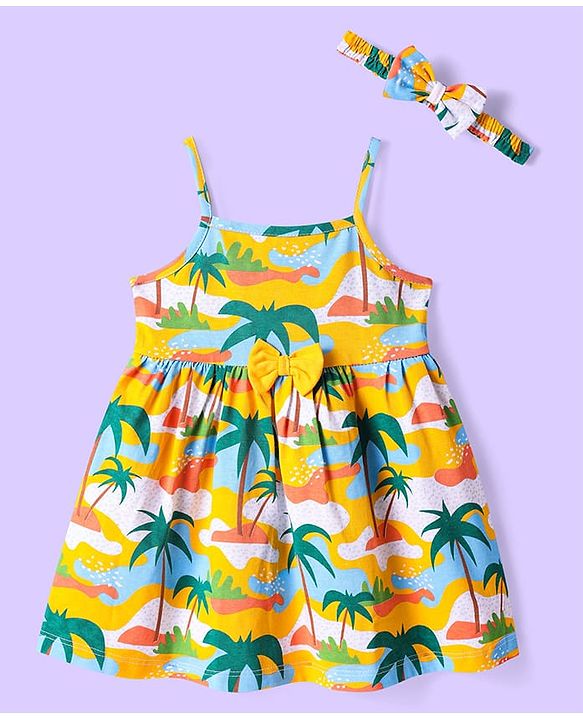 Babyhug Cotton Knit Singlet Sleeves Beach Theme Printed Frock with Headband & Bow Applique - Yellow