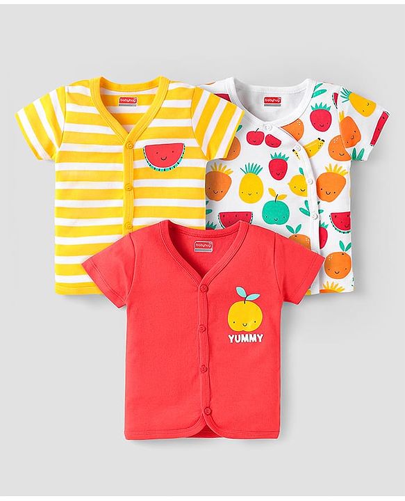 Babyhug 100% Cotton Interlock Knit Front Open Half Sleeves Vests With Striped & Animal Print Pack Of 3 - Red Yellow & White