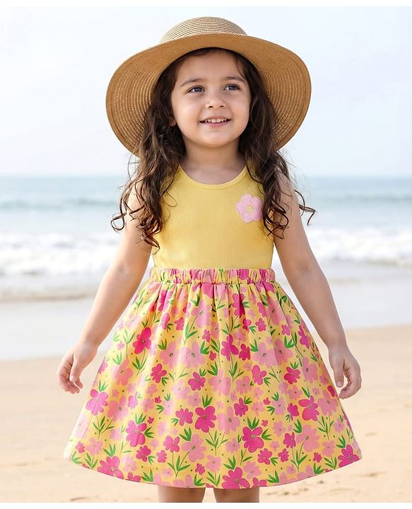 Babyhug Cotton Knit Sleeveless Frock with Floral Print & Patch - Yellow