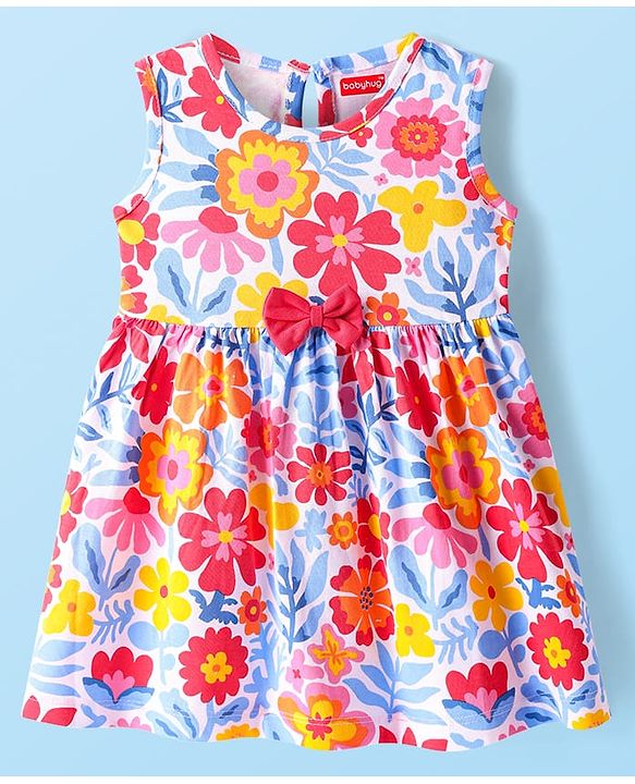 Babyhug Cotton Knit Sleeveless Frock With Floral Print & Bow Applique - Multicolor