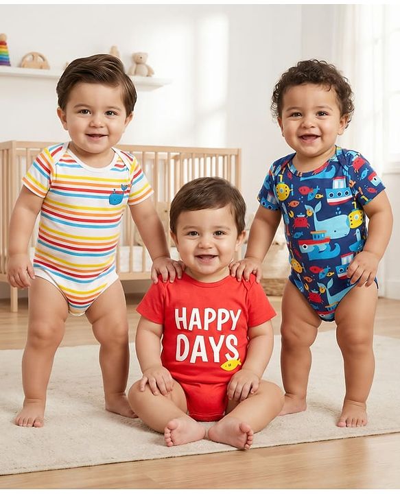 Babyhug 100% Cotton Knit Half Sleeves Onesies With Text Graphics Pack Of 3 - Blue Red & White