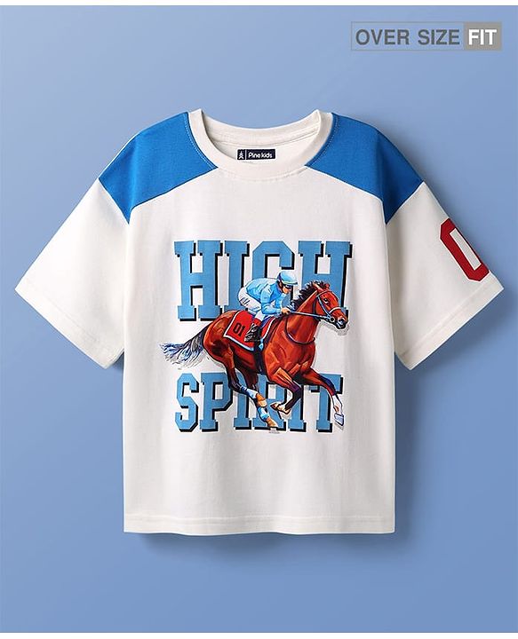Pine Kids Cotton Knit T-Shirt With Half Raglan Sleeves & High Spirit Text Print - White