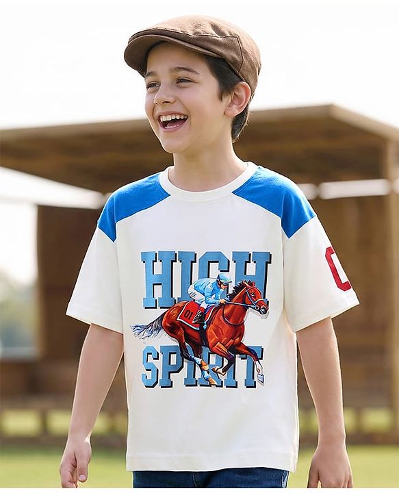 Pine Kids Cotton Knit T-Shirt With Half Raglan Sleeves & High Spirit Text Print - White