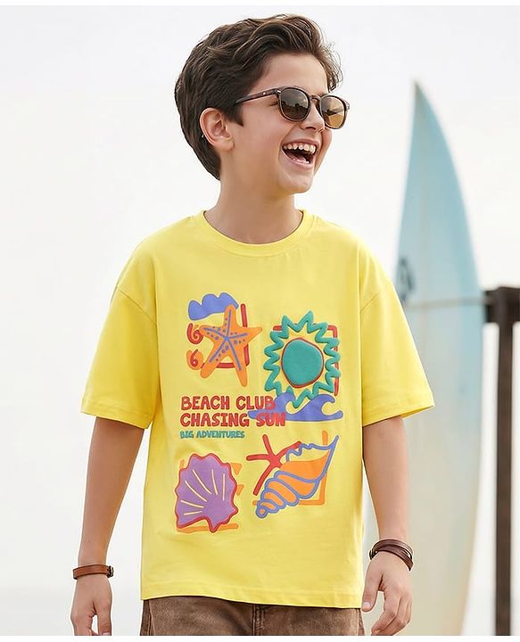 Pine Kids Cotton Knit Half Sleeves Drop Shoulder T-Shirt with Beach Theme Text Print - Lemon Yellow