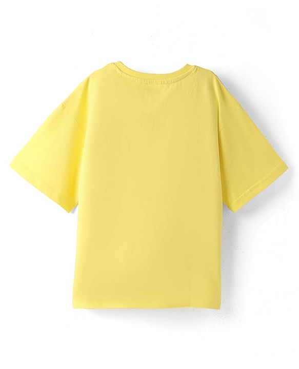 Pine Kids Cotton Knit Half Sleeves Drop Shoulder T-Shirt with Beach Theme Text Print - Lemon Yellow