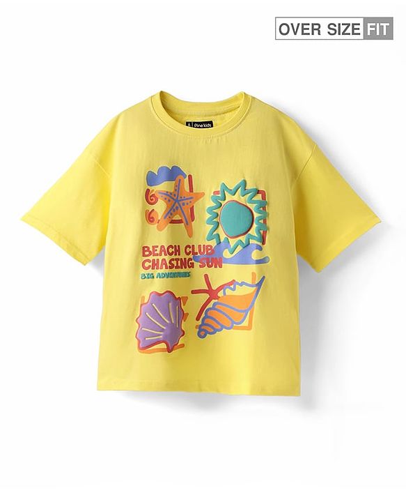 Pine Kids Cotton Knit Half Sleeves Drop Shoulder T-Shirt with Beach Theme Text Print - Lemon Yellow