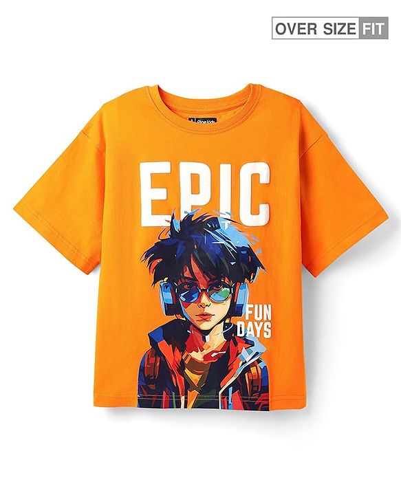 Pine Kids Cotton Knit Half Sleeves T-Shirt with Text Print - Orange