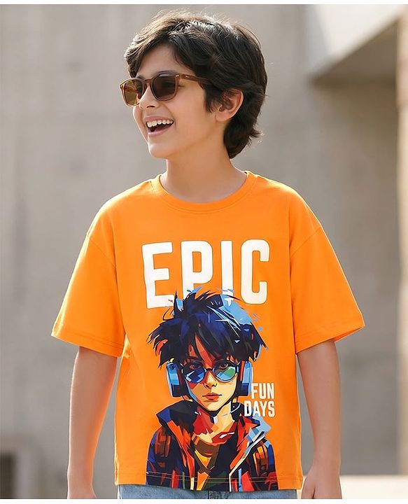 Pine Kids Cotton Knit Half Sleeves T-Shirt with Text Print - Orange