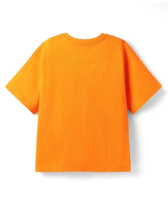 Pine Kids Cotton Knit Half Sleeves T-Shirt with Text Print - Orange