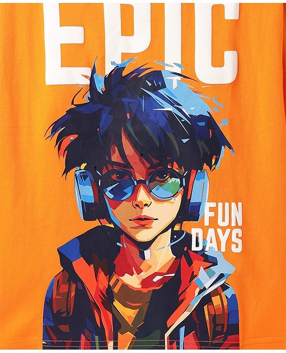 Pine Kids Cotton Knit Half Sleeves T-Shirt with Text Print - Orange