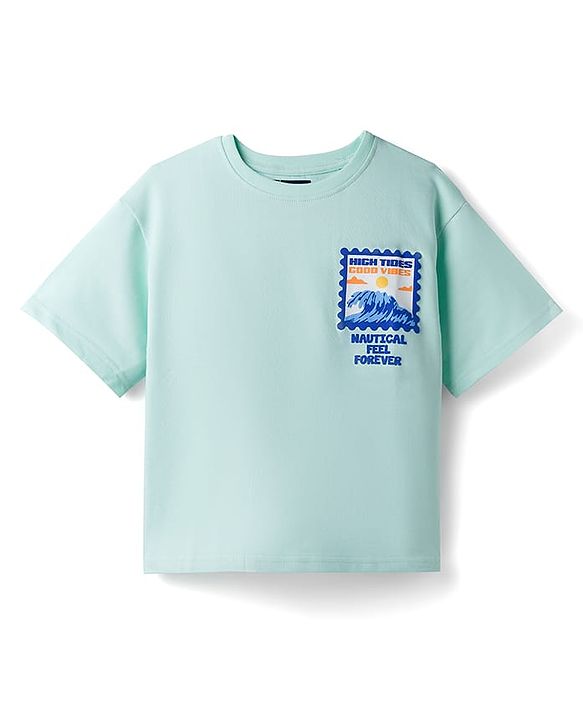 Pine Kids Cotton Knit Half Drop Shoulder Sleeves T-Shirt with Front & Back Nautical Theme Print - Sea Green