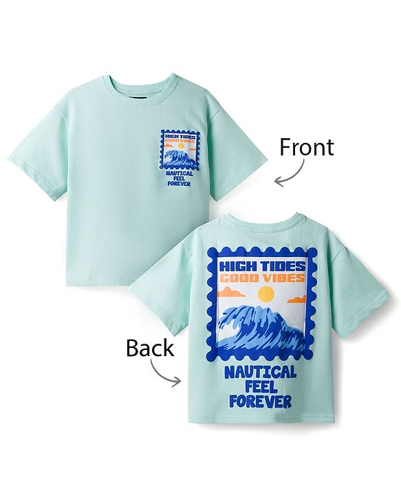 Pine Kids Cotton Knit Half Drop Shoulder Sleeves T-Shirt with Front & Back Nautical Theme Print - Sea Green