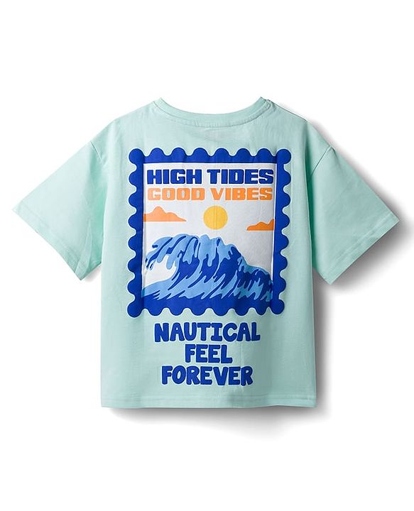 Pine Kids Cotton Knit Half Drop Shoulder Sleeves T-Shirt with Front & Back Nautical Theme Print - Sea Green