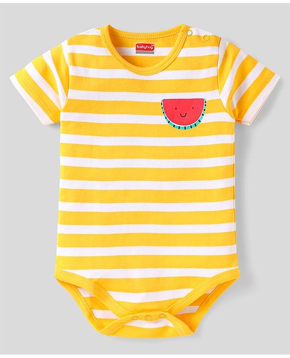 Babyhug 100% Cotton Half Sleeves Onesies With Stripes & Fruit Print Pack of 3 - Red Yellow & White