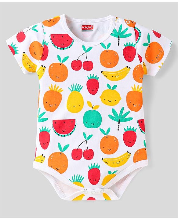 Babyhug 100% Cotton Half Sleeves Onesies With Stripes & Fruit Print Pack of 3 - Red Yellow & White