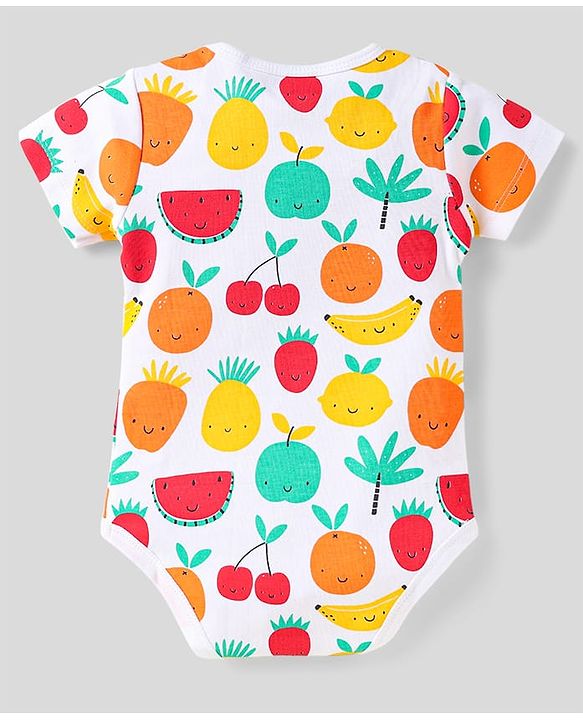 Babyhug 100% Cotton Half Sleeves Onesies With Stripes & Fruit Print Pack of 3 - Red Yellow & White