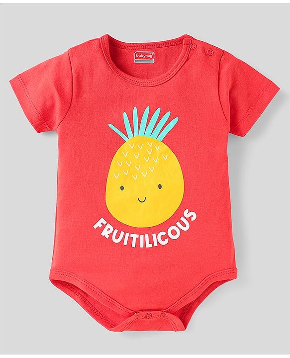 Babyhug 100% Cotton Half Sleeves Onesies With Stripes & Fruit Print Pack of 3 - Red Yellow & White