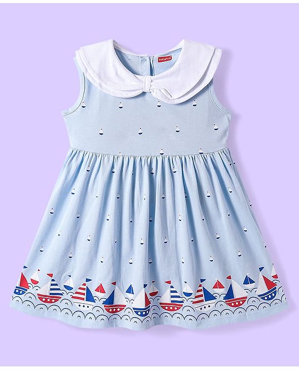 Babyhug Cotton Knit Sleeveless Frock with Boat Print - Light Blue