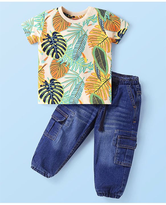 Babyhug Single Jersey Knit Half Sleeves T-Shirt & Denim Jeans Set With Leaf Print - White & Blue