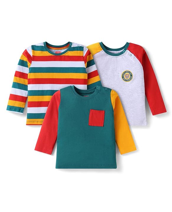 Babyhug Cotton Knit Full Sleeves T-Shirts with Stripes & Patch Detailing Pack of 3 - Multicolor