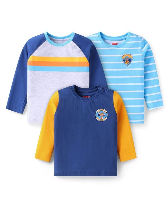 Babyhug Cotton Knit Full Sleeves T-Shirts with Stripes & Patch Detailing Pack of 3 - Multicolor