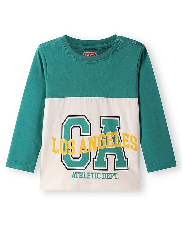 Babyhug Cotton Knit Full Sleeves Cut & Sew T-Shirt with Text Print - Teal Blue & Cream