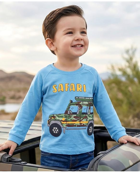 Babyhug Cotton Knit Full Raglan Sleeves T-Shirt With Car Print - Light Blue