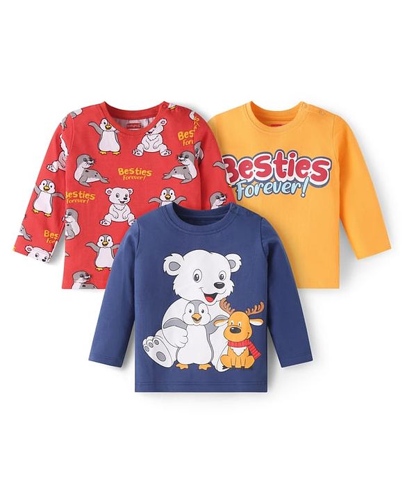 Babyhug Cotton Knit Full Sleeves T-Shirts with Animal Print Pack of 3 - Red Yellow & Blue