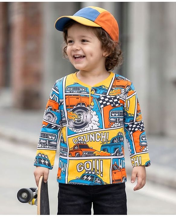 Babyhug Cotton Knit Full Sleeves Henley Neck T-Shirt with Vehicle Print - Yellow & Blue