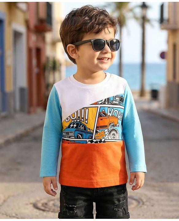 Babyhug Cotton Knit Full Sleeves Cut & Sew T-Shirt with Car Print - Orange & Light Blue
