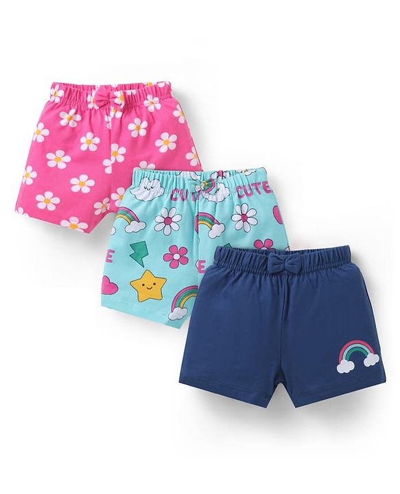 Babyhug Cotton Single Jersey Knit Mid Thigh Floral & Rainbow Printed Shorts with Bow Applique Pack of 3 - Pink Light & Navy Blue