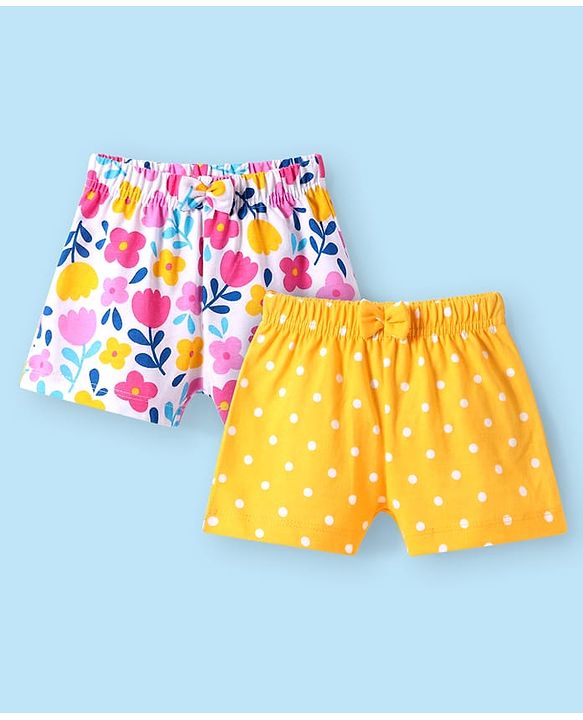 Babyhug Single Jersey Knit Mid Thigh Shorts with Polka Dot & Floral Print Pack of 2 - Yellow & White