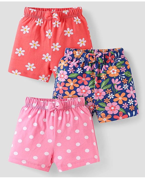 Babyhug Single Jersey Knit Mid Thigh Shorts Floral Print Pack of 3 - Pink Navy & Orange
