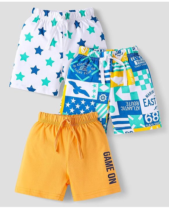 Babyhug Cotton Knit Mid Thigh Length Shorts with Stars & Text Print Pack of 3 - Blue Yellow & White